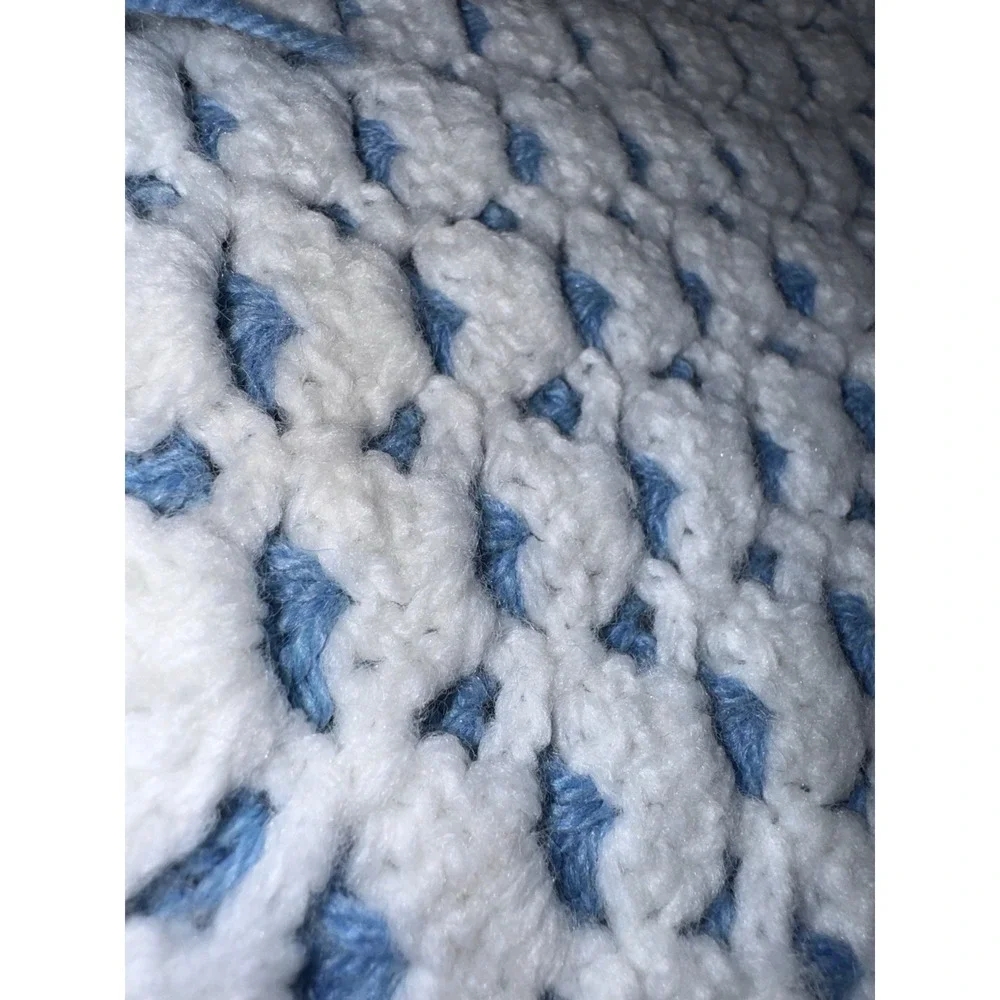 Handmade Crocheted Afghan Blanket Blue & White With Tassels 57x55 Reversible